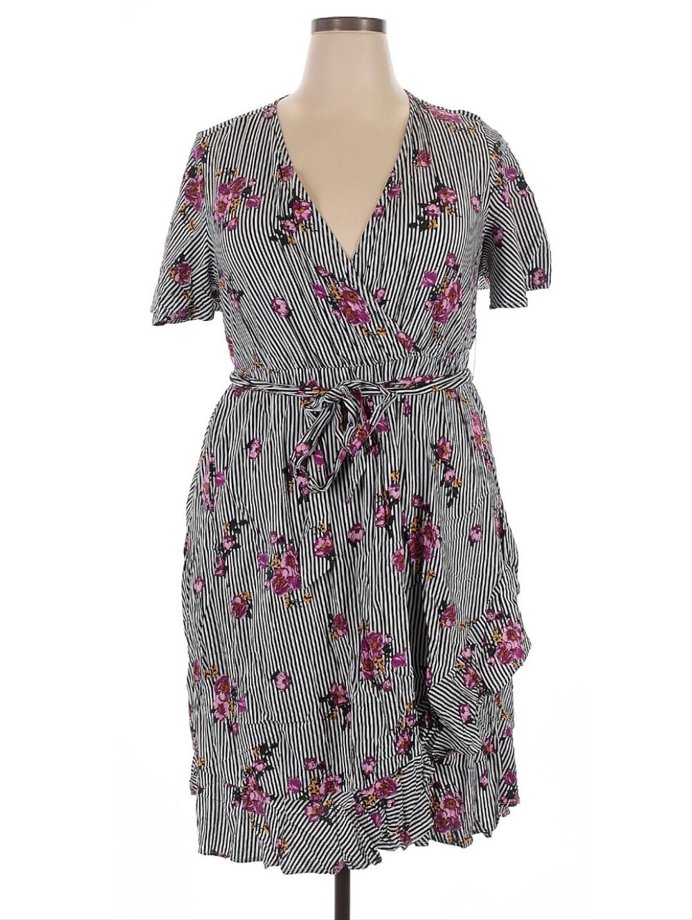 torrid Black & White Striped Midi Wrap Dress with Pink Floral Print